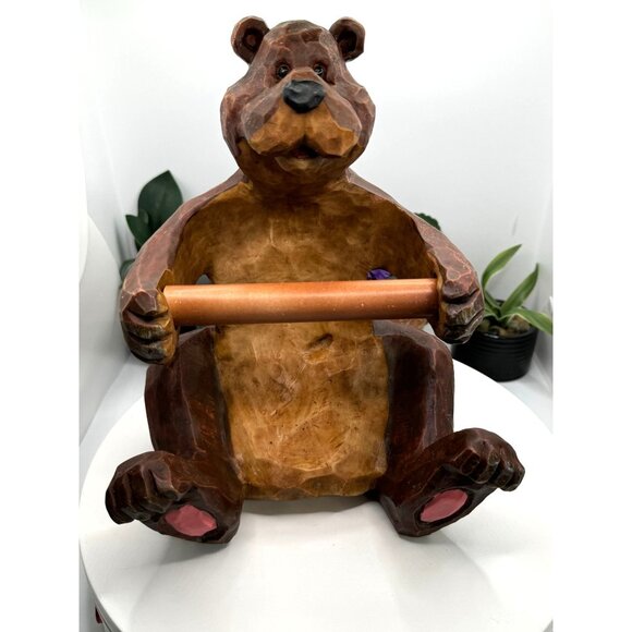 Hand-Carved Faux Wooden Bear Toilet Paper Holder Wall Mountable - Picture 4 of 9